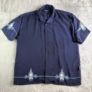 VTG Sapphire Lounge Skull Tribal Camp Shirt Mens XL Navy Blue